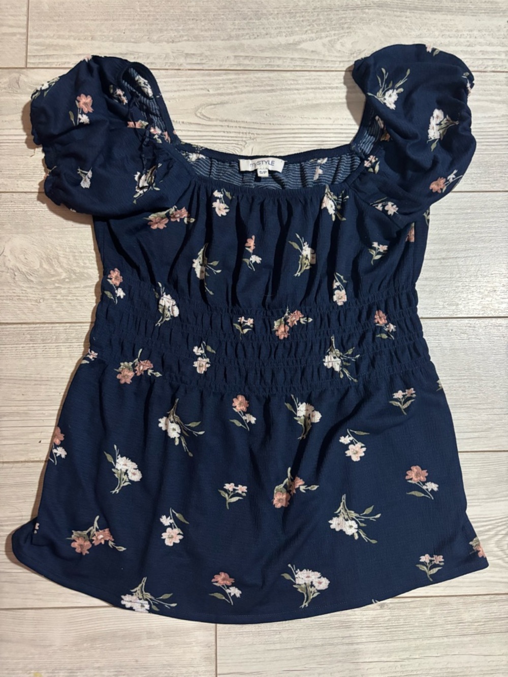Navy Floral Smocked Puff Sleeve Blouse